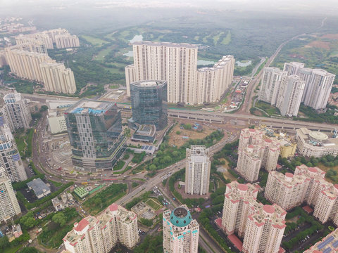 Aerial view of tall residential buildings in DLF City Phase 5 of Gurgaon, Delhi ncr region of India.