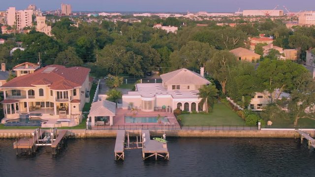 Aerial: Luxury Seaside Homes In Hillsborough Bay, Tampa,  Florida, USA