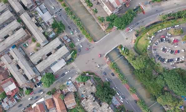 Aerial view of a four way in Palembang city in Sumatra island of Indonesia.