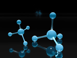 Science blue background with molecules, 3D render - high bio technologies.