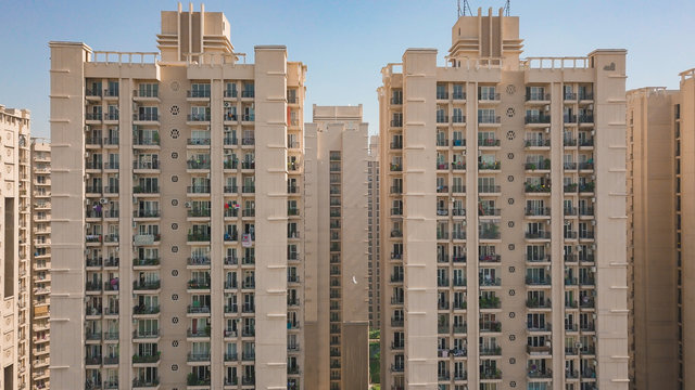Aerial view of multistoreys buildings of ATS society in day light, Indrapuram, Delhi ncr, India.