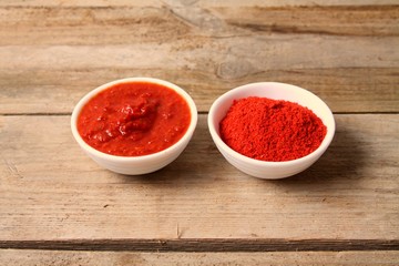 Traditional Maghrebi food: hot chili pepper powder and sauce paste harissa. Tunisia and Arabic cuisine adjika