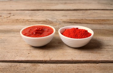 Traditional Maghrebi food: hot chili pepper powder and sauce paste harissa. Tunisia and Arabic cuisine adjika