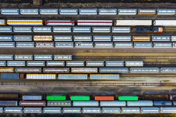 Aerial view of rail cars waiting at a staging railyard station in Aurora, IL - USA