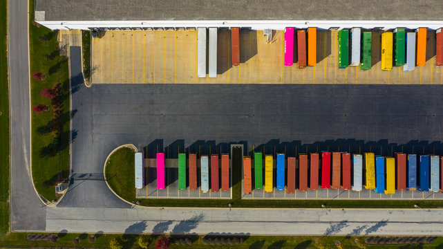 Aerial view of parked semi truck trailers at a distribution facility in Bollingbrook, IL, USA