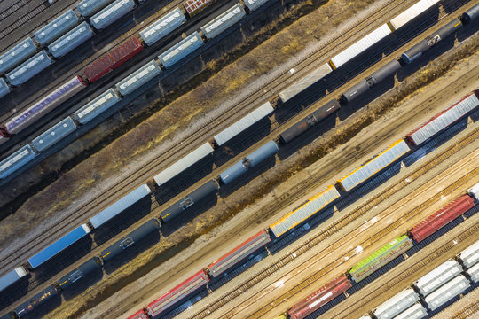 Aerial view of rail cars waiting at a staging railyard station in Aurora, IL - USA
