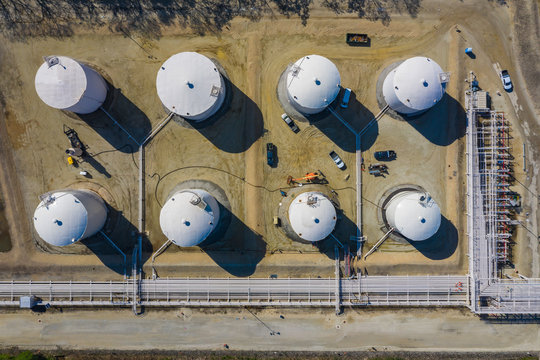 Aerial view of a petro chemical processing plant and storage facilities in early morning light in Lemont, IL - USA.