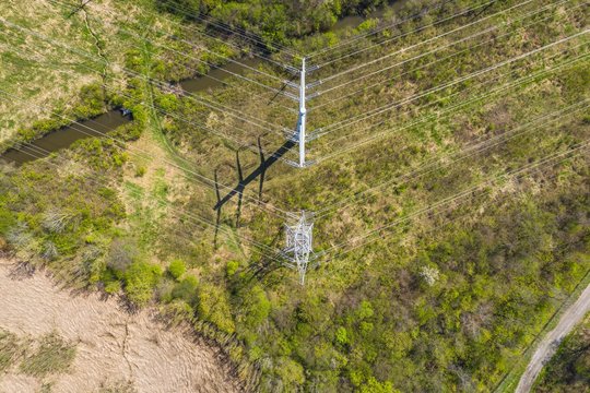 Aerial view of a high voltage electricity power lines and network in Aurora, IL, United States