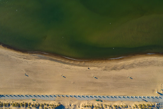 Aerial view of the beach and Lake Michigan shoreline at Indiana Dunes National Lakeshore in Indiana in the United States.