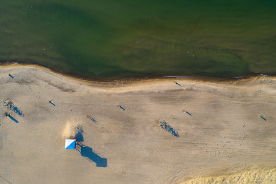 Aerial view of the beach and Lake Michigan shoreline at Indiana Dunes National Lakeshore in Indiana in the United States.