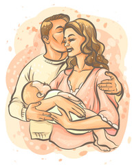 Family. Graphic, color, hand-drawn sketch depicting happy parents with a baby in their arms. Watercolor style