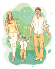 Family. Graphic, color, hand-drawn sketch depicting happy parents with a baby. Watercolor style.