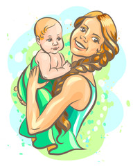 Mother with a baby in her arms. Hand-drawn, color sketch depicting a happy mother holding a baby in her arms on a white background. Watercolor style