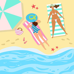 Cartoon  background of sea shore with women.