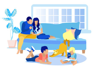 Faceless Family Resting at Home Idyllic Cartoon