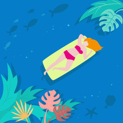 Summer landscape with tropical plants and woman.