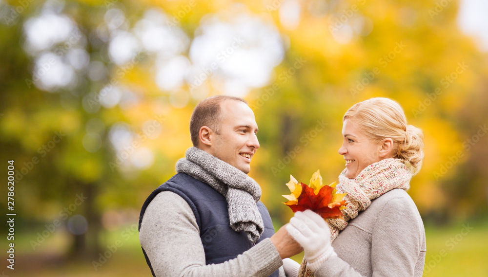 Canvas Prints love, relationship, family and people concept - smiling couple in autumn park