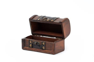 Antique wooden box for jewelry isolated on white background.