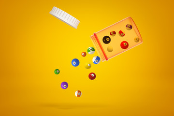 3d rendering of transparent orange plastic jar tilted in air with lid off and colorful snooker balls falling out on amber background.