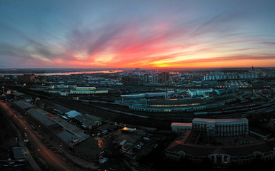 Blue, red and orange sunset over the Novosibirsk city default