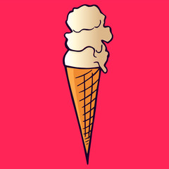 ice cream balls in the waffle cone isolated on white background. Comic character in cartoon style illustration for t shirt design