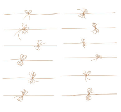 Rope bow collection isolated on white background. Hand drawn vector illustration set.