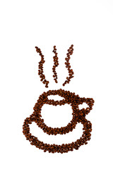 Coffee beans arranged in the shape of a cup with smoke isolated on a white background
