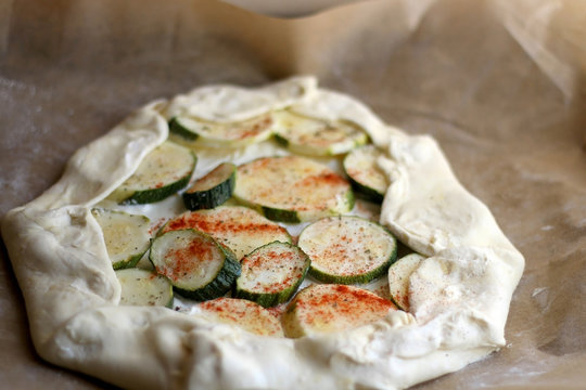 Preparing Zucchini And Courgette Galette With Herbs And Spices. Selective Focus.