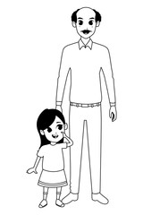 Family grandfather with kid cartoon in black and white