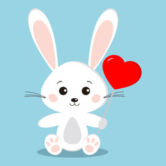 Cute white bunny rabbit in sitting pose with a red lollipop in the shape of a heart - candy holyday gift