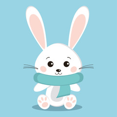 Isolated winter cute and sweet white bunny rabbit icon in sitting pose with blue warm cozy scarf