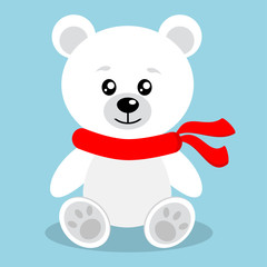 Sweet and cute isolated white christmas polar bear in red scarf in sitting pose