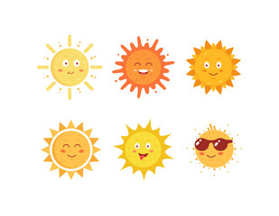 Funny vector hand drawn suns. Cute sun emoticons icons set. Summer sunny faces emoji collection.