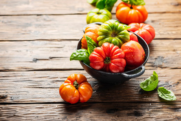 Mix of red, orange and green tomatoes