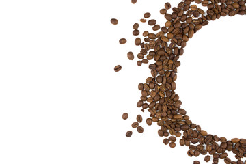 semicircle of roasted coffee beans. background with space for text on the left