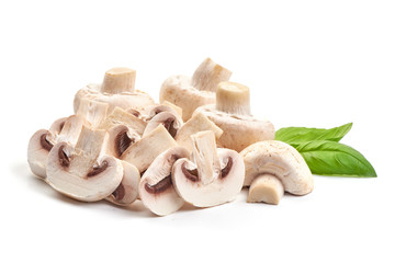Sliced champignons, close-up, isolated on white background