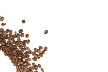 fried coffee beans isolate in the lower left corner, copy space