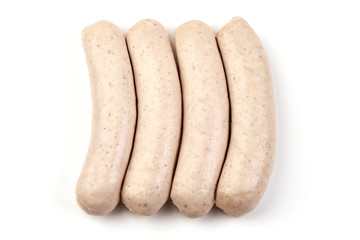 German pork sausages, Thuringer Rostbratwurst, close-up, isolated on white background