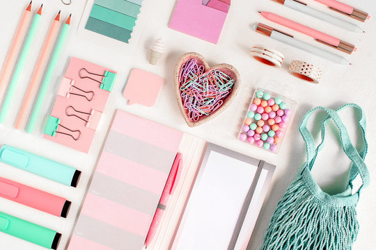 Flat lay stylish stationery set.  School supplies in pink and blue pastel color. Back to school concept.