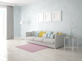 Mock up bright living room with stylish light sofa and original fashionable background.