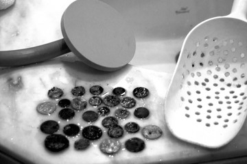 The photo of gold and silver  coins collected with help of underwater metal detector. Treasure...