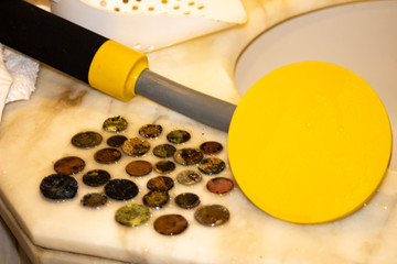 The photo of gold and silver  coins collected with help of underwater metal detector. Treasure...