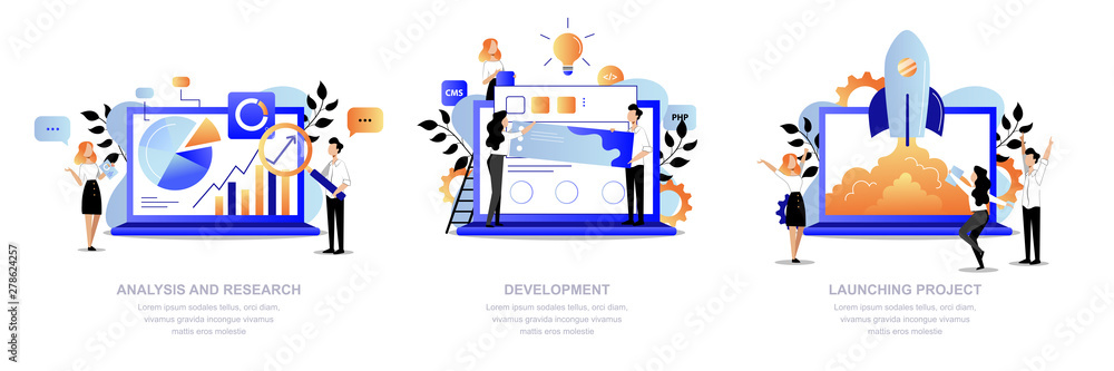 Wall mural project development steps. team make research, analysis, web design and launch startup. vector flat 