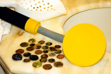 The photo of gold and silver  coins collected with help of underwater metal detector. Treasure...