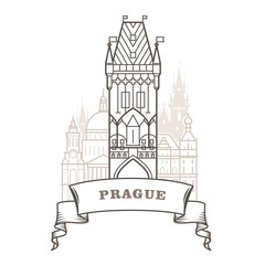 Prague city skyline - Powder Tower in Prague, emblem with buildings