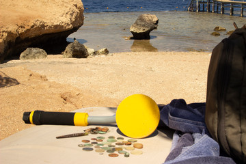 The photo of gold and silver  coins collected with help of underwater metal detector. Treasure...
