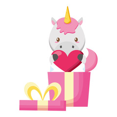 Obraz na płótnie Canvas cute little unicorn baby with heart in gift