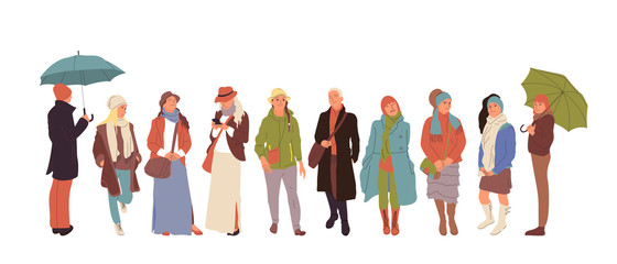 Set of different people characters in cold weather outfit. Crowd of people in different poses, walking, standing outdoors