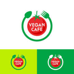 Vegan Cafe logo. Ripe red tomato, fork and spoon in the circle.  Vegetarian cuisine.