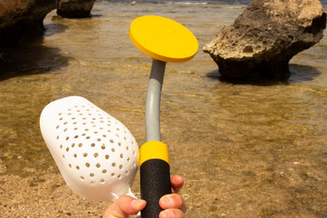 The photo of gold and silver  coins collected with help of underwater metal detector. Treasure...
